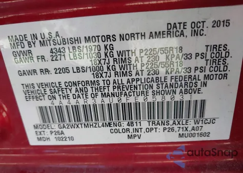 2015 Mitsubishi Outlander Sport Es z USA, uszkodzony, nr VIN 4A4AR3AU0FE058031